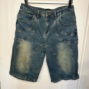 Hot Topic Men's Blue Distressed Denim Shorts wavy stitch